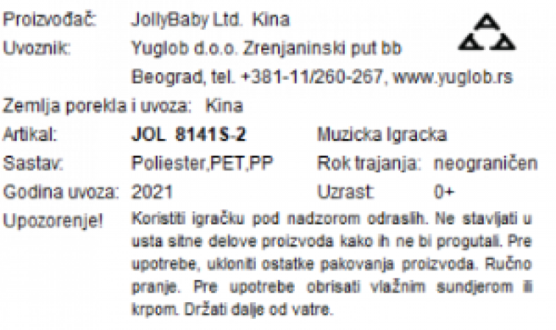 Sozzy baby plišana muzička igračkana potez Zebra 8141S-2 deklaracija
